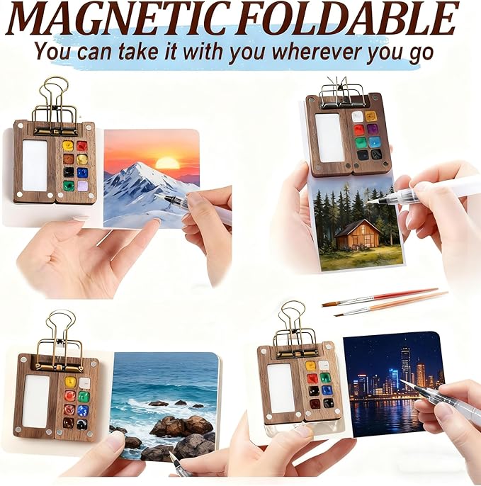 Mini Watercolor Paint Set Portable,Watercolor Palette, Travel Grid Paint Palette Box with Binder Clips Include 12 Colors Paint, Brush*3 and Picture Album Art Materials Coloring Markers (8 Grids)