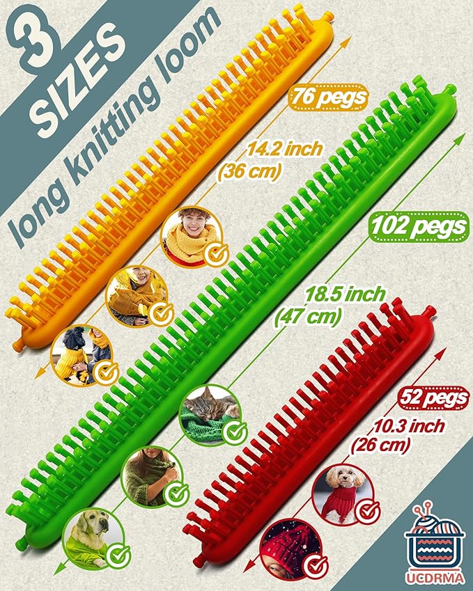 UCDRMA Upgraded Adjustable-Pegs Loom Knitting Kit (Pre-Installed Pegs), 2-in-1 Knitting Loom Set Quick Crochet Loom with 12 Yarn & Instructions & Pom Pom Maker, Scarf Loom Crochet Kit for Beginners