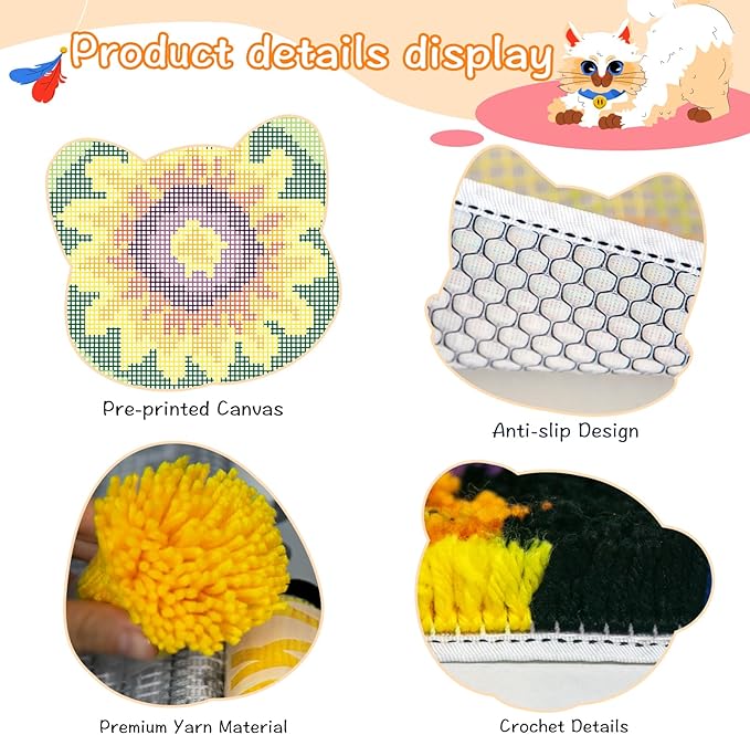YP Sunflower Latch Hook Rug Kit for Adults Beginners - 12x12 Inch DIY Craft Crochet Rug, Beginner-Friendly Art Project for Home Decor, Easy-to-Make Needlecraft Kit