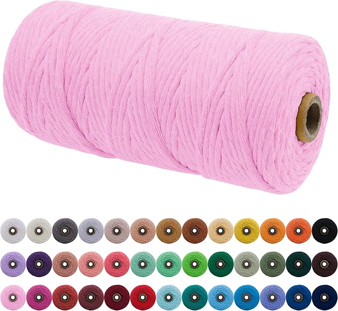 JeogYong Single Strand Macrame Cord 3mm x 109 Yards (328 Feet) Soft Cotton Rope Macrame Yarn 3 mm Macrame Cord, Macrame Supplies for Crafts Wall Hangings Plant Hangers Decorations (Pink)
