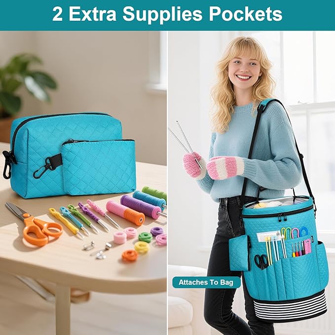 IBFUN Crochet Yarn Knitting Bag 3PCS - Expandable Yarn Storage Organizer Crocheting Bag with Accessories Cases Adjustable Strap for Hooks, Needles, Accessories, Crochet Lovers, Supplies, Beginners