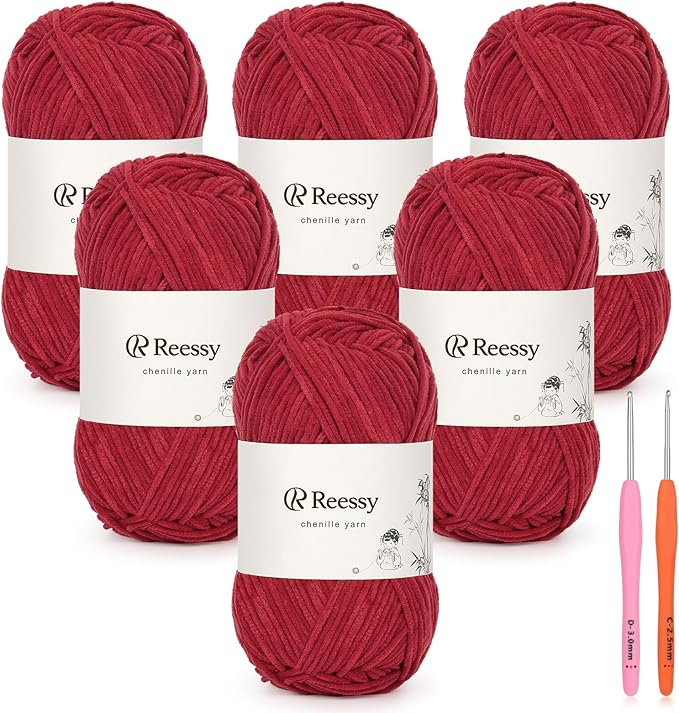 Skinny Chenille Yarn for Crocheting - 6 Pack of 50g/158yd (948yd Total) - Soft Matte Thin Chenille CYC #2 - Fine Weight Baby Yarn for Plush Toys, Baby Blankets & Small Crafts(Burgundy)