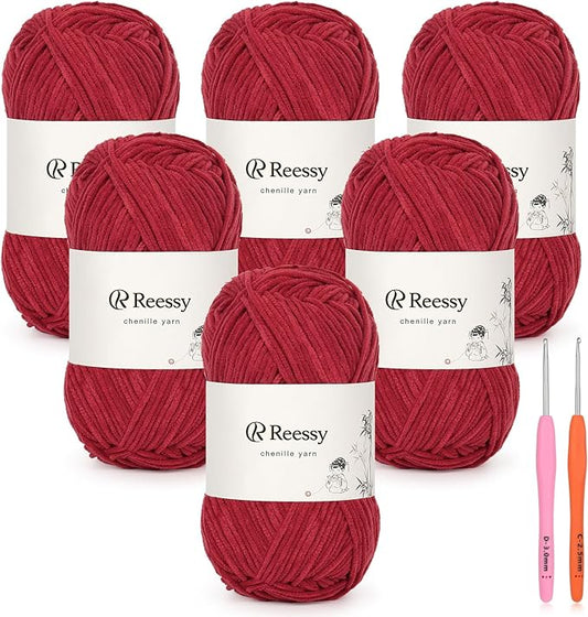 Skinny Chenille Yarn for Crocheting - 6 Pack of 50g/158yd (948yd Total) - Soft Matte Thin Chenille CYC #2 - Fine Weight Baby Yarn for Plush Toys, Baby Blankets & Small Crafts(Burgundy)