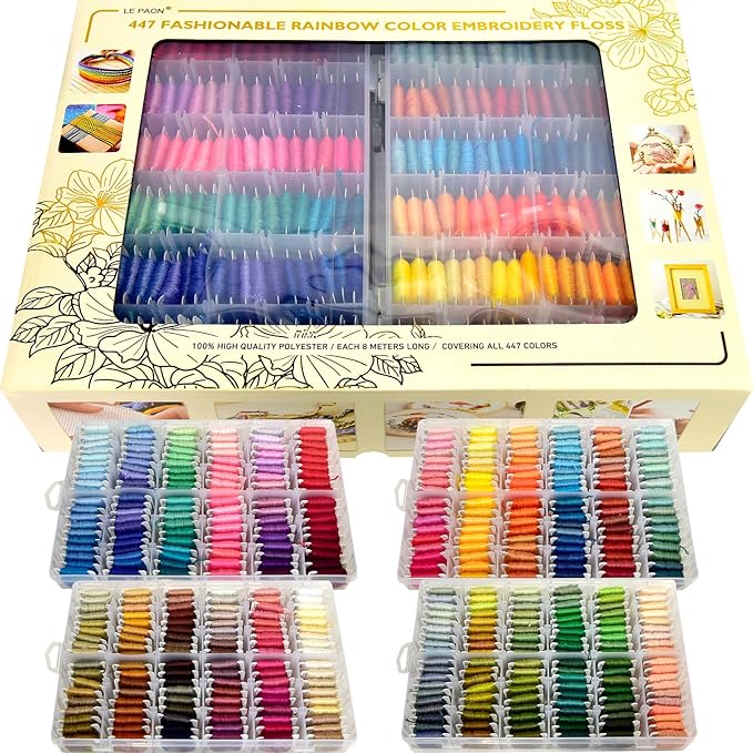 Embroidery Floss 447 Pre-Wound Threads on bobbins Fashionable Rainbow Color Friendship Bracelet String Cross Stitch Embroidery Thread, Craft Floss with Organizer Storage Box