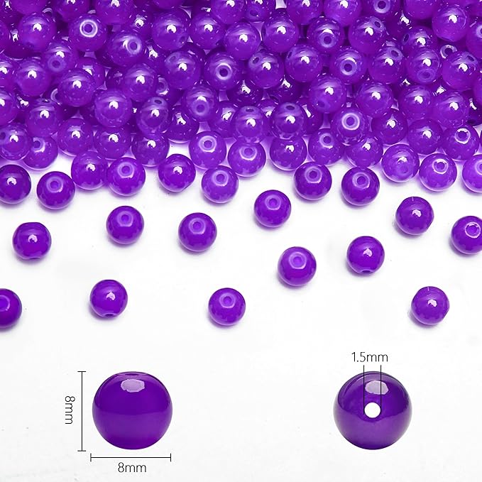 200PCs 8mm Deep Purple Jade Glass Beads Bulk, Round Smooth Hole Glass Crystal Beads for Jewelry Making, DIY Bracelets, Necklaces, Bag Charms, Keychains and Craft Projects