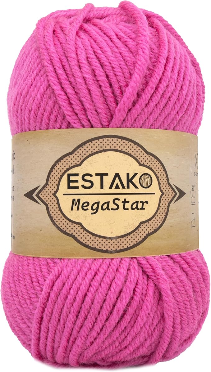 Estako Megastar, 75% Acrylic 25% Wool Yarn, Soft, Chunky Bulky Weight #5 for Crochet and Knitting 3.52 Oz (100g) / 120 Yrds (110m) (63308 - Pink)