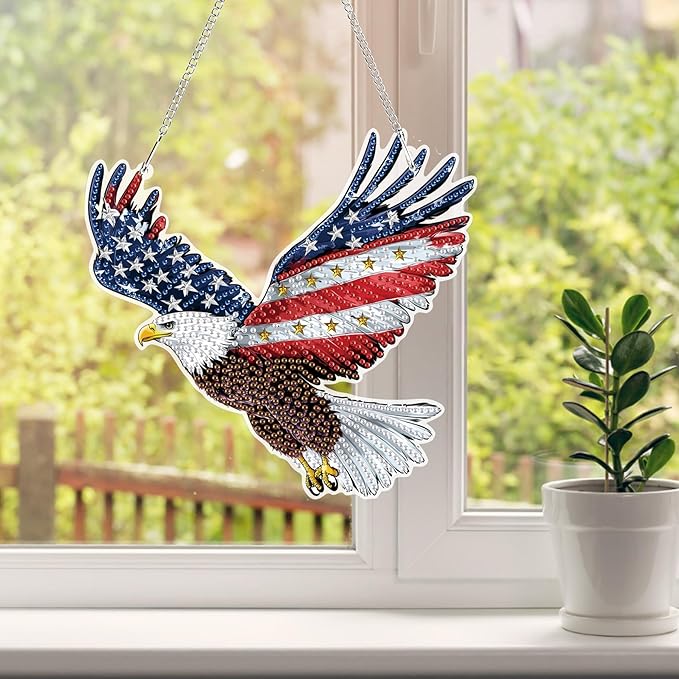 HEIBAGO Independence Day Bald Eagle Hanging Diamond Art Kits for Adults, 4th of July Special Shaped Crystal Diamond Painting Kit, DIY Double-Sided Pattern Gem Art Kit for Home Wall Decor 8.3x8.3inch