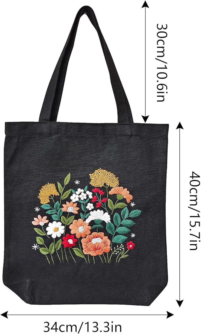 MAMUNU Canvas Tote Bag Embroidery Kit with Pattern for Beginners, Arts and DIY Crafts Kits for Adults, Include Instructions Embroidery Bag, Embroidery Hoops, Color Threads and Tool (Black)