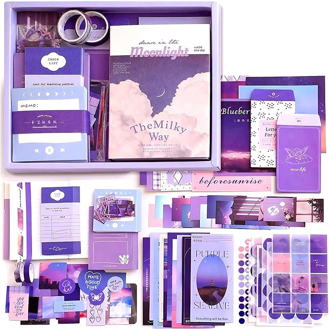 LCLAIDYDY 348 PCS Aesthetic Scrapbook Kit with A6 Grid Notebook, Bullet Junk Journals, DIY Gift Journaling Kit for Teen Girl Women (Moonlight)
