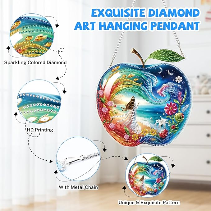 Bowetile Dreamy Apple Diamond Art Hanging Kits for Adults, Diamond Art Suncatchers Beach, 5D Special Shape Diamond Painting Fariy Pendant Window Ornament Gifts for Home Decor