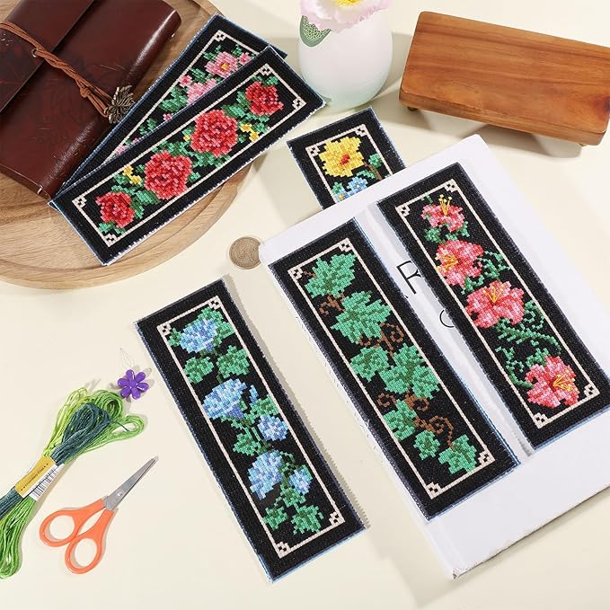 ORIGACH 6 Set Floral and Vine Cross Stitch Bookmark Kit for Beginner with Backing Felt Floss Instructions DIY Stamped Embroidery Bookmark Kit for Adults, Book Lovers
