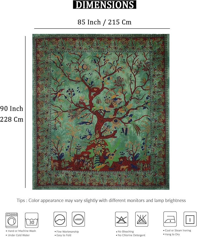 the art box tapestry green tree of life wall hanging – indian cotton full size bedspread, picnic sheet, wall decor, blanket, wall art for bedroom (full, 85x90 inch)