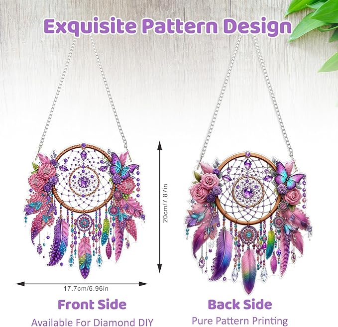MEIYUDA Dreamcatcher Diamond Art Hanging Kits for Adult, Pink Dreamcatcher Diamond Painting Hanging Kits Ornaments, DIY Special Shaped Rhinestone Window Pendants kit for Home Garden Wall Decor Gift