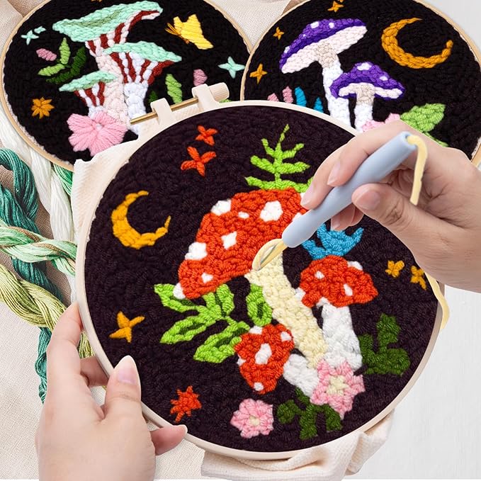 Nuberlic 3 Pack Punch Needle Kits for Beginners Mushroom Embroidery Pattern with Hoop Embroidery Punch Needle Starter Craft Set, Perfect Handmade Gift for Adults & Teens (Beginner-Friendly Crafts)
