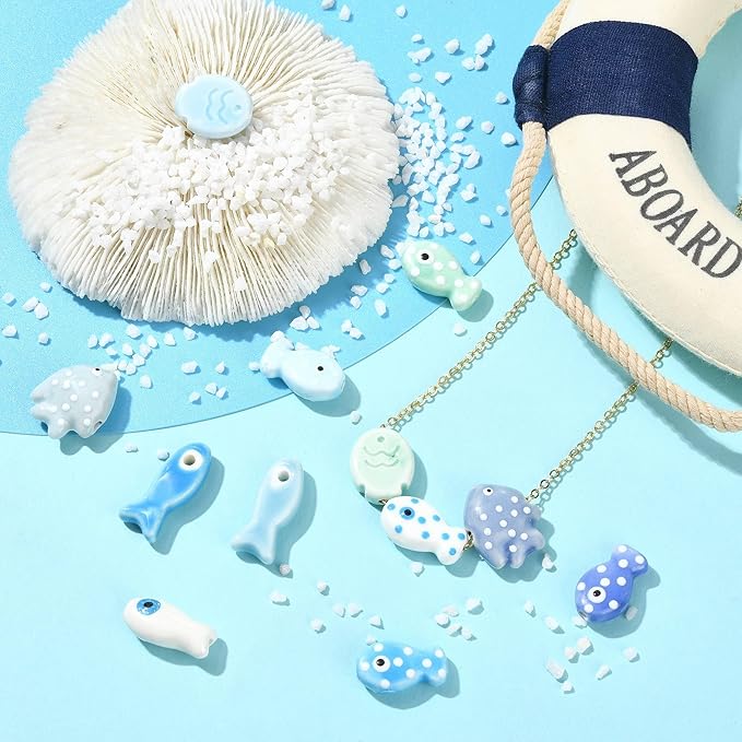 12Pcs Polka Dot Fish Ceramic Porcelain Beads for Jewelry Making Blue Ocean Sea Beach Animal Spacer Beads for DIY Necklaces Earrings Bracelets Keychains Jewelry Findings Accessories