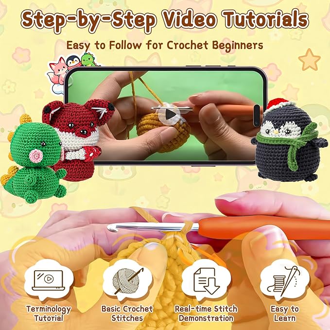 Crochet Kit for Beginners Kids - 3 Pack Animal Beginner Crochet Kit for Kids Adults Teens, Amigurumi Craft Knitting Supplies Set with Step-by-Step Video Tutorials, DIY Crocheting Gifts for Crocheters