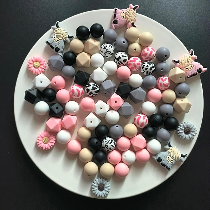 88Pcs Cow Daisy Silicone Beads 15mm Round Hexagon Focal Beads Bulk Daisy Flower Rubber Flat Loose Spacer Bead or DIY Crafts Beaded Pens Keychain Bracelet Necklace Making