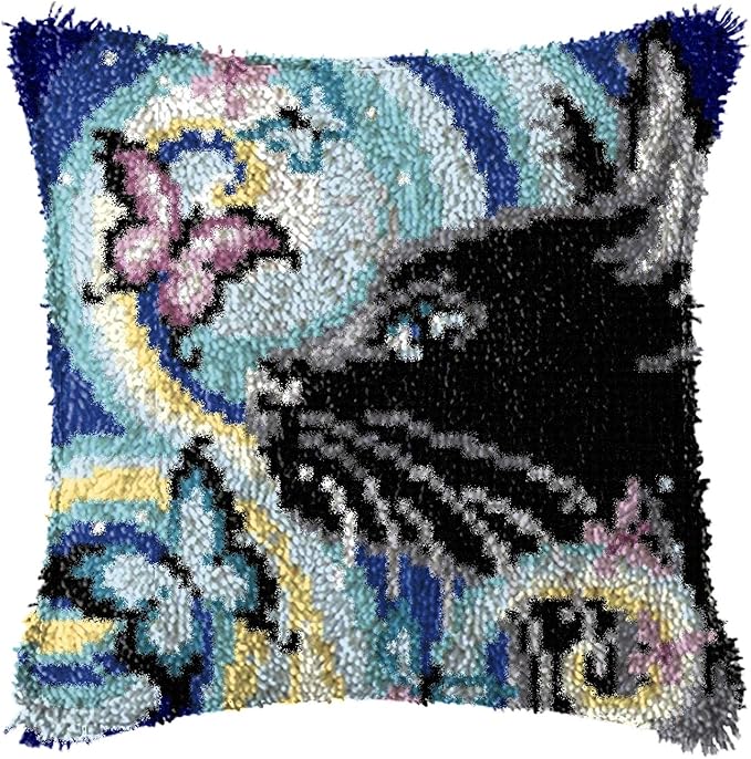 LAPATAIN Latch Hook Kits for DIY Throw Pillow Cover,Black Cat Needlework Cushion Cover Hand Craft Crochet for Great Family 17x17inch