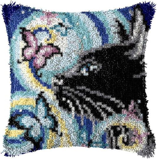 LAPATAIN Latch Hook Kits for DIY Throw Pillow Cover,Black Cat Needlework Cushion Cover Hand Craft Crochet for Great Family 17x17inch