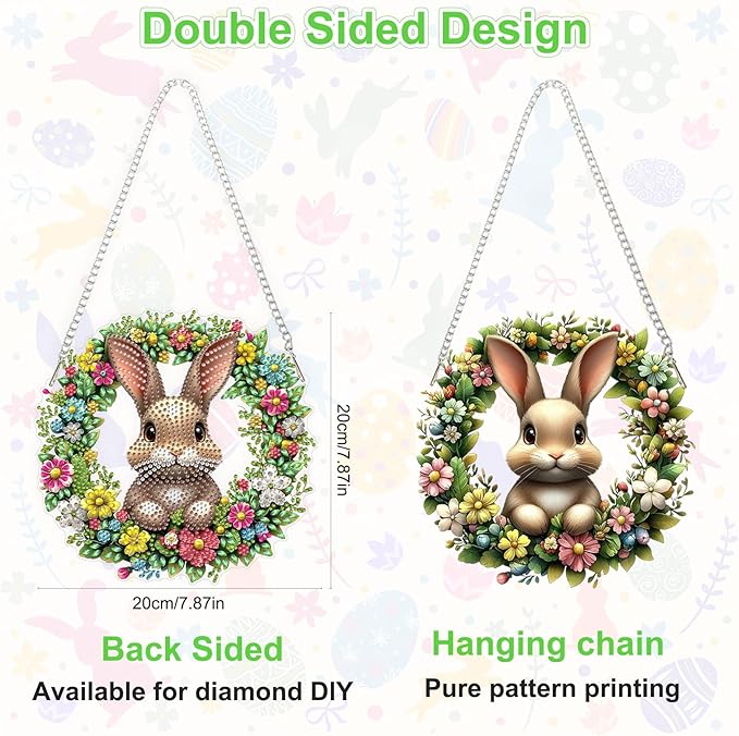 Easter Rabbit Diamond Art Hanging Ornaments Kits for Adults, Diamond Painting Pendant Kits, DIY Acrylic 5D Special Shaped Crystal Gem Art Painting Ornament for Home Wall Easter Decor Gift 8x8 Inch