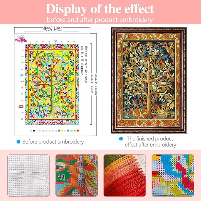 Zhenqing William Morris Tree of Life Cross Stitch Kit - 28x38cm 11CT Botanical Tapestry with Pre-Sorted Threads & Gold-Eye Needles(68556)