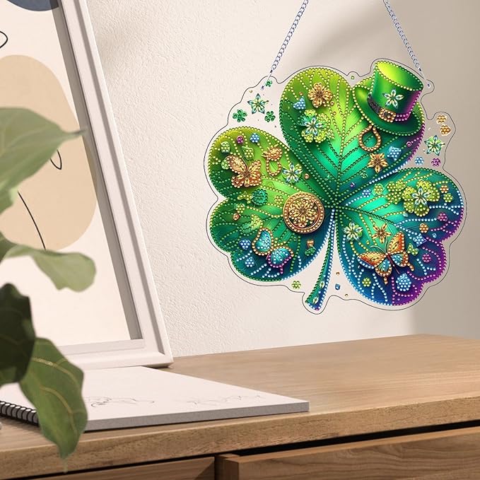 VODAPYC Saint Patrick's Day Diamond Art Hanging Kits for Adults, DIY Double Sided Special Shaped Diamonds Painting Window Pendant Ornament for Home Decor (St-Patrick's Cap)