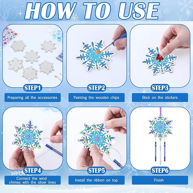 JellyArch 30 Pack Winter Snowflake Wind Chime Making Kit for Adults Make Your Own Wind Chime DIY Crafts Wooden Ornaments for Winter Activity Birthday Decoration