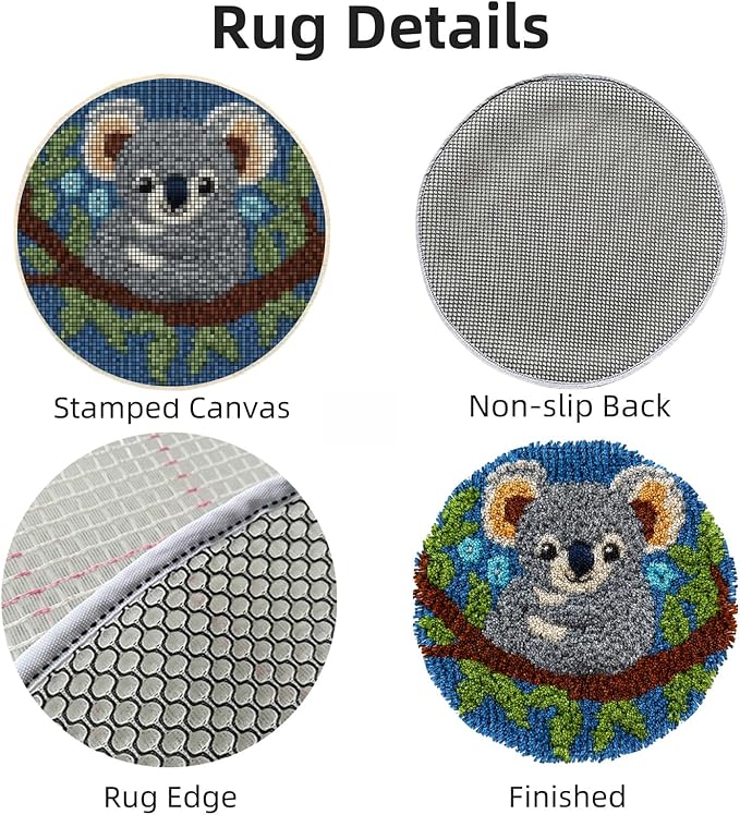 Latch Hook Rug Kit Cute Koala Portrait Easy for Beginners Round Shape Carpet Crochet Yarn Craft Mini Rug DIY Hook and Latch Little Tapestry for Home Decor 30x30cm-3