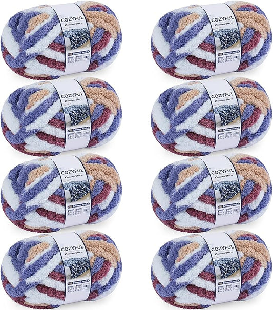 Chunky Yarn for Hand Knitting - #10 Chunky Chenille Blanket Yarn, Jumbo Big Thick Chunky Yarns for Crocheting, Tie Dye Bulky Knit Yarns, 8 Skein (25 yds 8 oz Each Skein), Multi Blue&Red&Khaki
