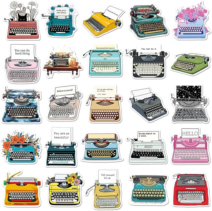 Retro Typewriter Stickers for Scrapbooking,50pcs Vintage Typewriter Decals, Waterproof Vinyl Stickers for Journals, Laptops, Home Decor, Ideal for Kids Adults