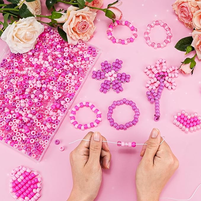 1000PCS Pink Pony Beads Bulk – 6x9mm Gradient XOXO Glitter Kandi Beads for Bracelets, Hair Braids, Jewelry Making, DIY Gifts & Love-Themed Crafts