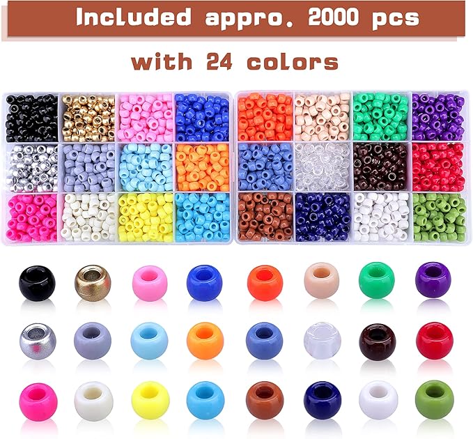 greentime pony beads bracelets making kit, 9mm rainbow kandi rave beads set for friendship bracelets necklace making crafts for christmas gift (24colors)