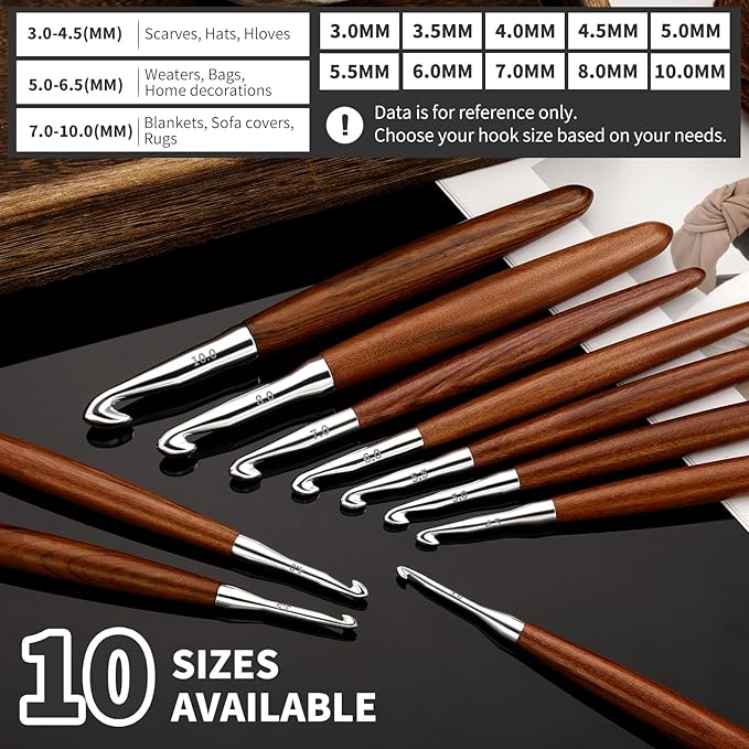 Lunarm 8 Pack Crochet Hooks Set, Ergonomic Aluminum Crochet Hooks with Wood Handle for Arthritic Hands DIY Craft Knitting Dolls, Bouquets, Blankets, Hats, Gloves from Various Yarns - Size 3mm-7mm