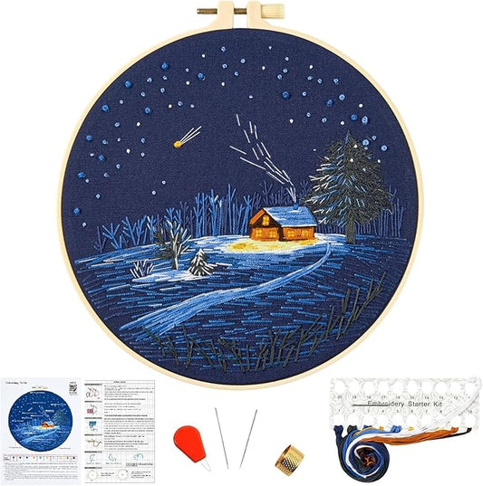 Christmas Embroidery Kits for Beginners Adults, Winter Hand Embroidery Starter Kits, Christmas Cross Stitch Kits for Beginners Needlepoint DIY Kits for Adults, Embroidery Hoop, Thread & Video Tutorial