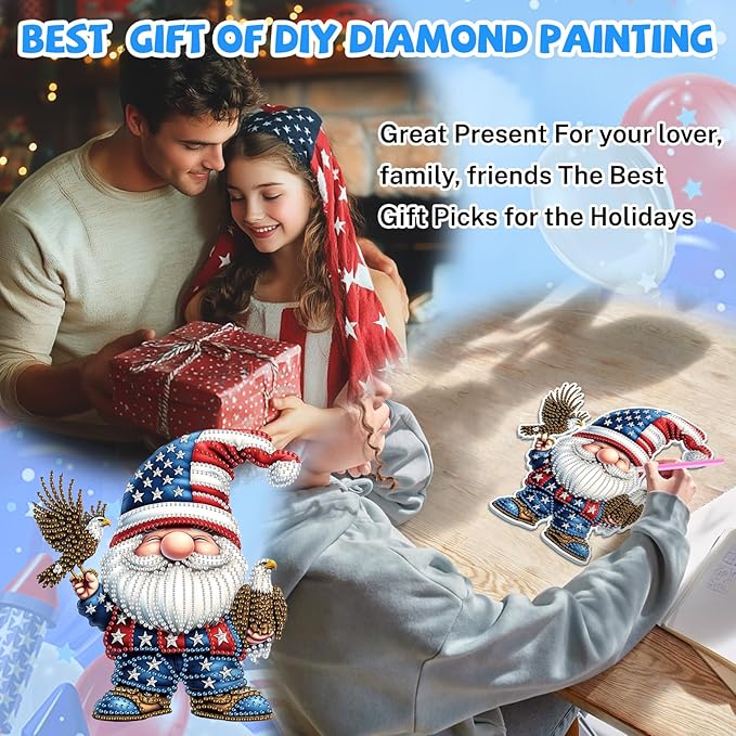 Bowetile Independence Day 5D Diamond Art Hanging Gnome Kits for Adults, 4th of July Diamond Painting USA Window Pendant Kits, Special Shape Gem Art Suncatcher Ornament for Home Wall Decor