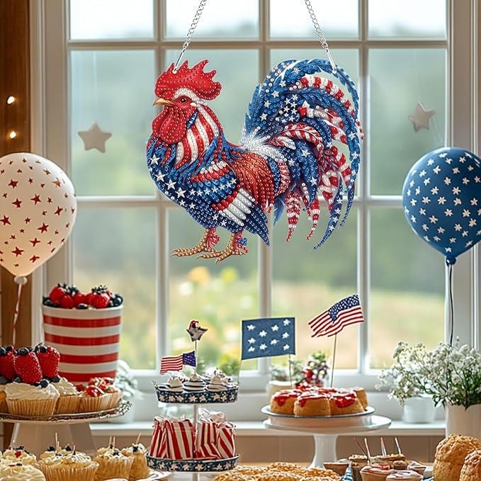 Bowetile Independence Day 5D Diamond Art Hanging Kits for Adults, 4th of July Chicken Diamond Painting Window Pendant Kits, Special Shape Gem Art Suncatchers Ornament for Home Garden Wall Decor