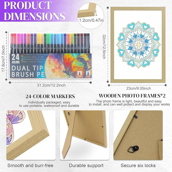 Coloring Books for Adults Relaxation, Stress Relief Coloring Book with 24 Dual Tip Markers, 2 Wooden Photo Frame Set with 12 Patterns Include Exquisite & Cute, Arts and Crafts Gift for Women, Couples