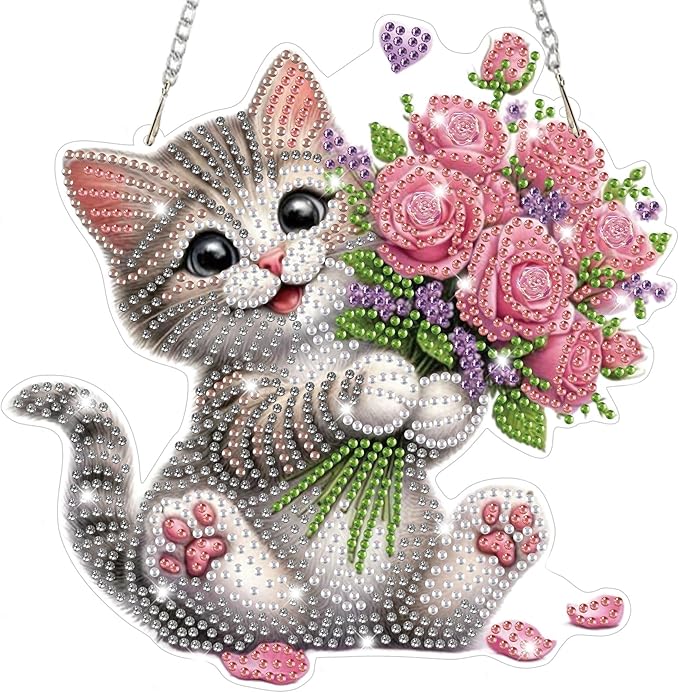 Bowetile Cat Diamond Art Hanging Kits for Adults, Diamond Art Suncatchers Flowers, 5D Special Shape Diamond Painting Pendant Window Ornament Valentine's Day Gifts for Home Wall Decor