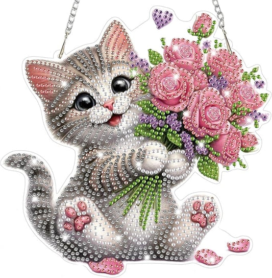 Bowetile Cat Diamond Art Hanging Kits for Adults, Diamond Art Suncatchers Flowers, 5D Special Shape Diamond Painting Pendant Window Ornament Valentine's Day Gifts for Home Wall Decor
