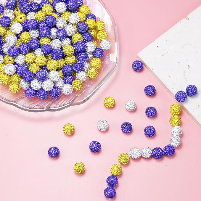 200 Pcs 10mm Rhinestone Beads for Jewelry Making, Blue Yellow White Shiny Round Shamballa Disco Baseball Necklace Beads Sparkle Crystal Clay Pave Rhinestones Bead for Bracelet Earring Keychain Making