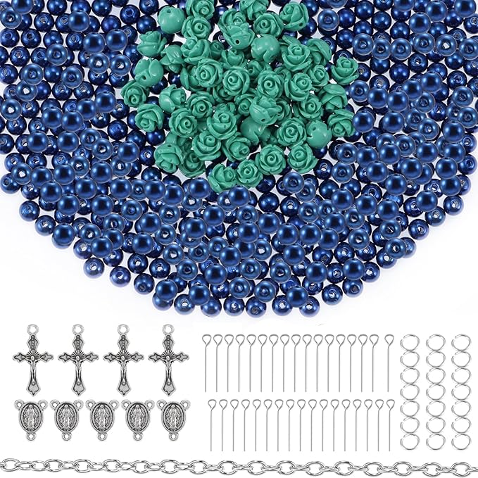 OEMOO 1410PCS Rosary Jewelry Making Kit Rosary Prayer Making Supplies Carved Rose Beads Cross Centerpiece Crucifix Medal Kit First Communion Necklace Set for Rosary Necklace Jewelry Making (Blue)