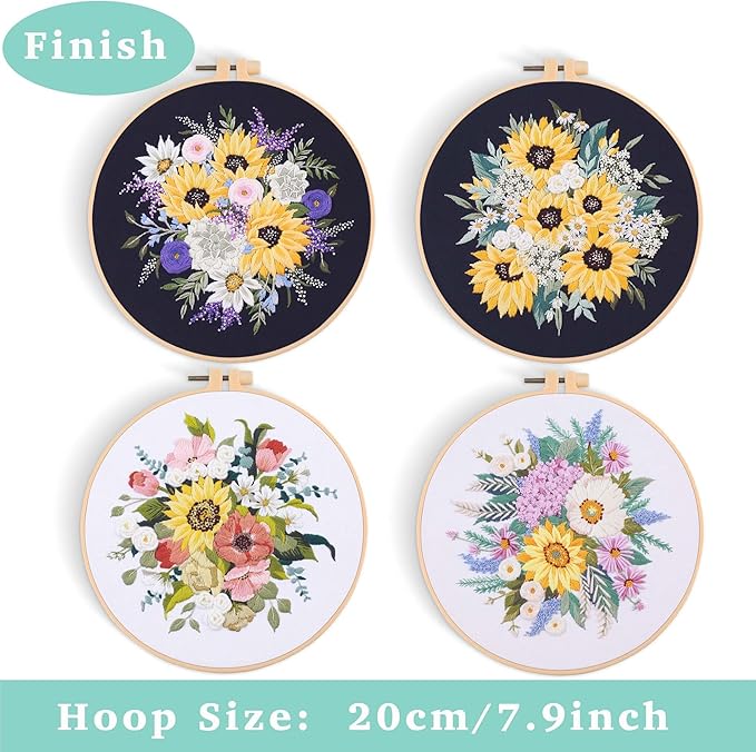 REEWISLY 4set Beginner Embroidery Kit for Adults, 4 Floral Patterns with 2 Hoops, Embroidery Starter Kit with Needles & Floss, Cross Stitch Kits for Beginners, DIY Craft Kit for Handmade Enthusiasts