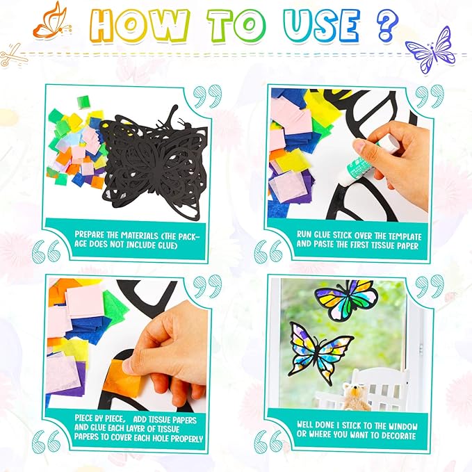 Zonon 9 Pcs Butterfly Suncatcher Craft Kit DIY for Window Stained Glass Effect Spring Summer School Classroom Tissue Art Craft with 12 Colors Large Paper Creative Activity Gift Decoration Party Favors