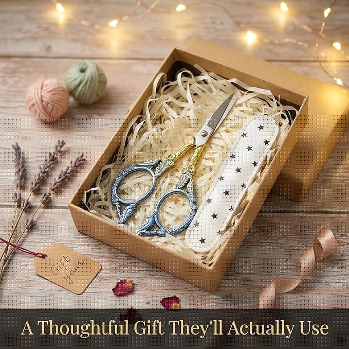 Crochet Scissors with Cover – Blue Gold Vintage Small Embroidery Scissors, Sharp Craft Scissors for Yarn Thread Sewing Needlework, Cute Bird Design Gift for Crocheter Quilter, 4.5 Inch