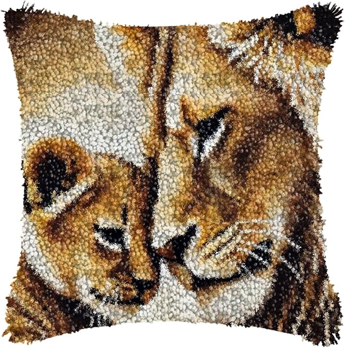 LAPATAIN Latch Hook Kits for Adults,Lion Pattern Color Printed Canvas DIY Throw Pillow Cover,Beginners Handmade Needlework Crafts Home Decoration 17x17inch NP3
