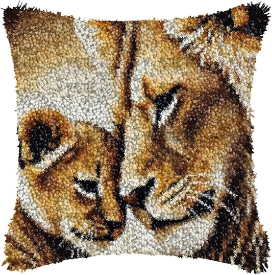 LAPATAIN Latch Hook Kits for Adults,Lion Pattern Color Printed Canvas DIY Throw Pillow Cover,Beginners Handmade Needlework Crafts Home Decoration 17x17inch NP3