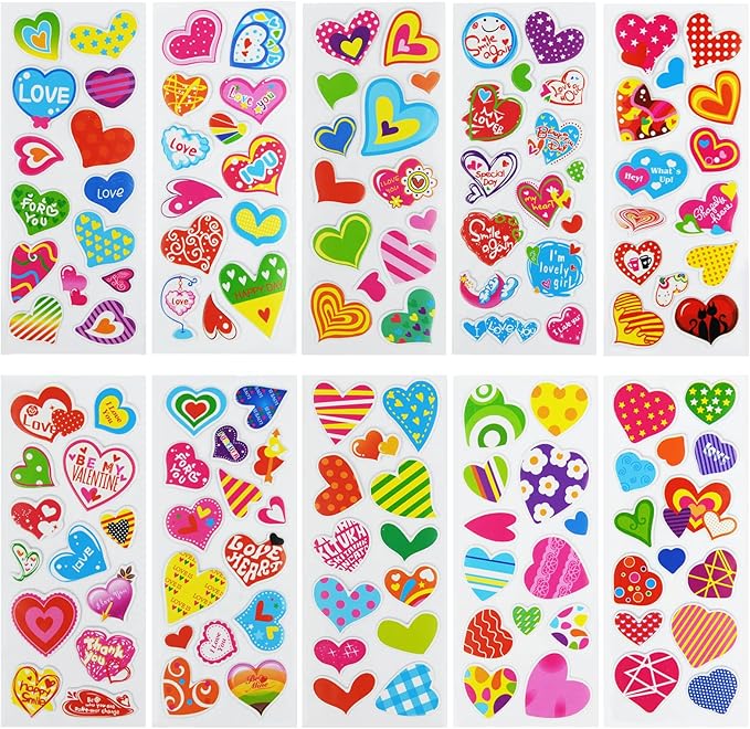 24 sheets(350+) heart 3d puffy stickers for toddlers kids, bulk preschool sticker sheets for reward, craft, scrapbooking