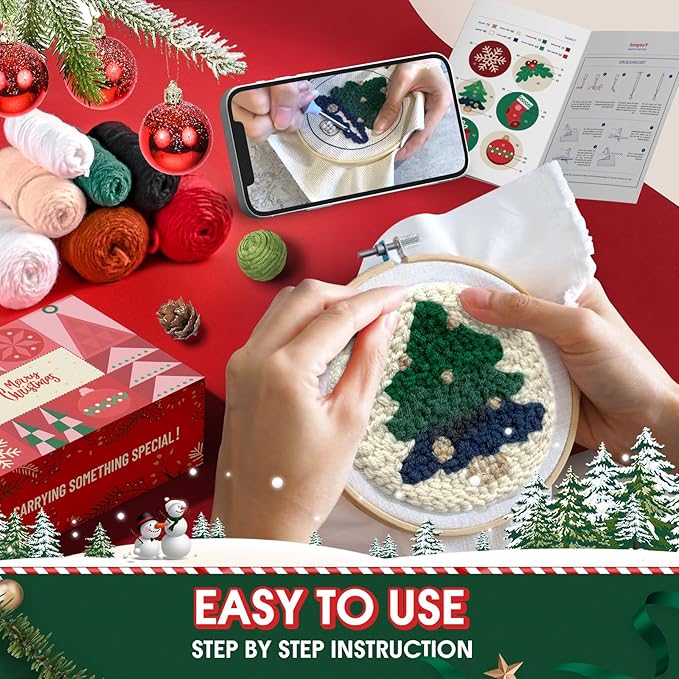 yuegool 6PCS Christmas Punch Needle Coasters Kit - DIY Embroidery Set for Adult Beginners, Holiday Art Craft Supplies with Patterns, Tools, Yarn, Hoop, Instructions, Coaster Holder