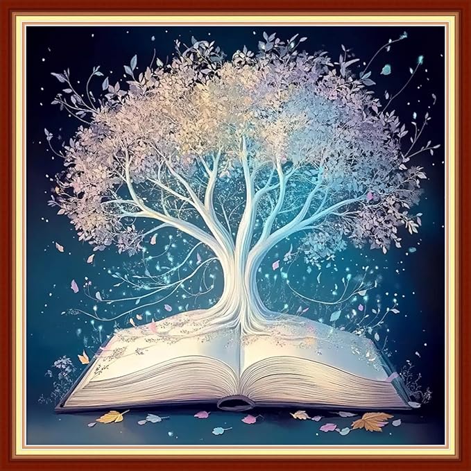 Redxing Stamped Cross Stitch Kits Embroidery kit for Beginners Adults Full Range of Embroidery Patterns Starter Kits DIY Printed Cross Stitch Kits Needlepoint Kits 11CT-White Tree Book 18x18 inchs