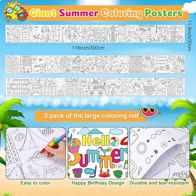 Janlaugh 3 Pack Summer Giant Coloring Posters 9.8ft Large Coloring Sheet Jumbo Motivational Page Tablecloth DIY Drawing Paper Rolls for Adults Summer Party Classroom Craft Team Art Activity